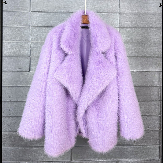 Fox Fur Mid-length Blazer Collar Faux Fur Coat