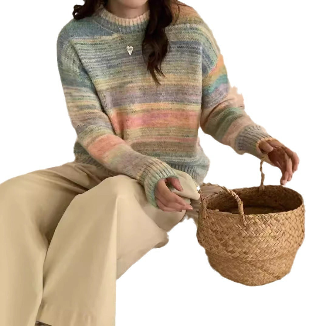 Women's Rainbow Gradient Retro Round Neck Knitted Shirt
