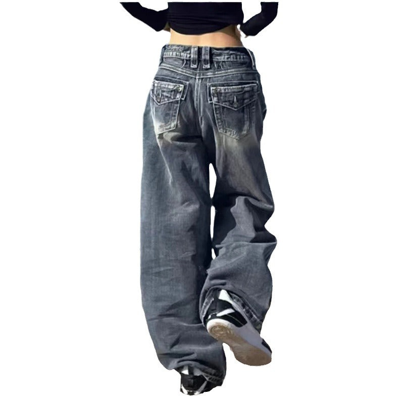 Distressed Straight Wide Leg Vintage Blue High Waist Jeans For Women