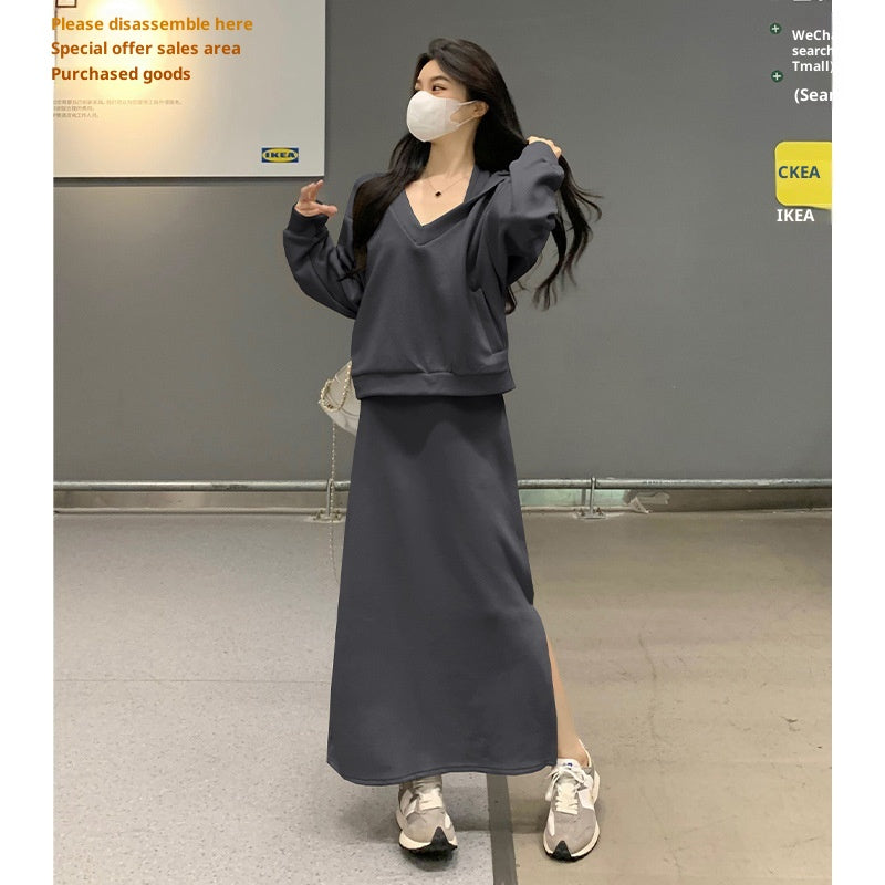 Loose Hooded Sweatshirt Set Women Sexy Knitted Halter Two-piece