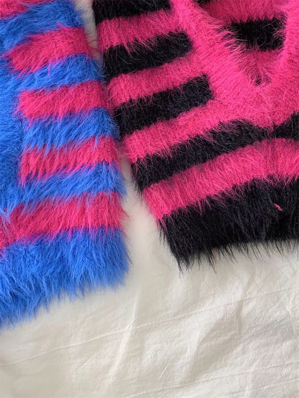 Striped Furry Contrast Color Knitted Woolen Cap
