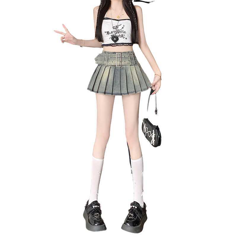 High-waisted Ultra-short Denim American Retro Bad-girl Style Sexy A-line Pleated Skirt