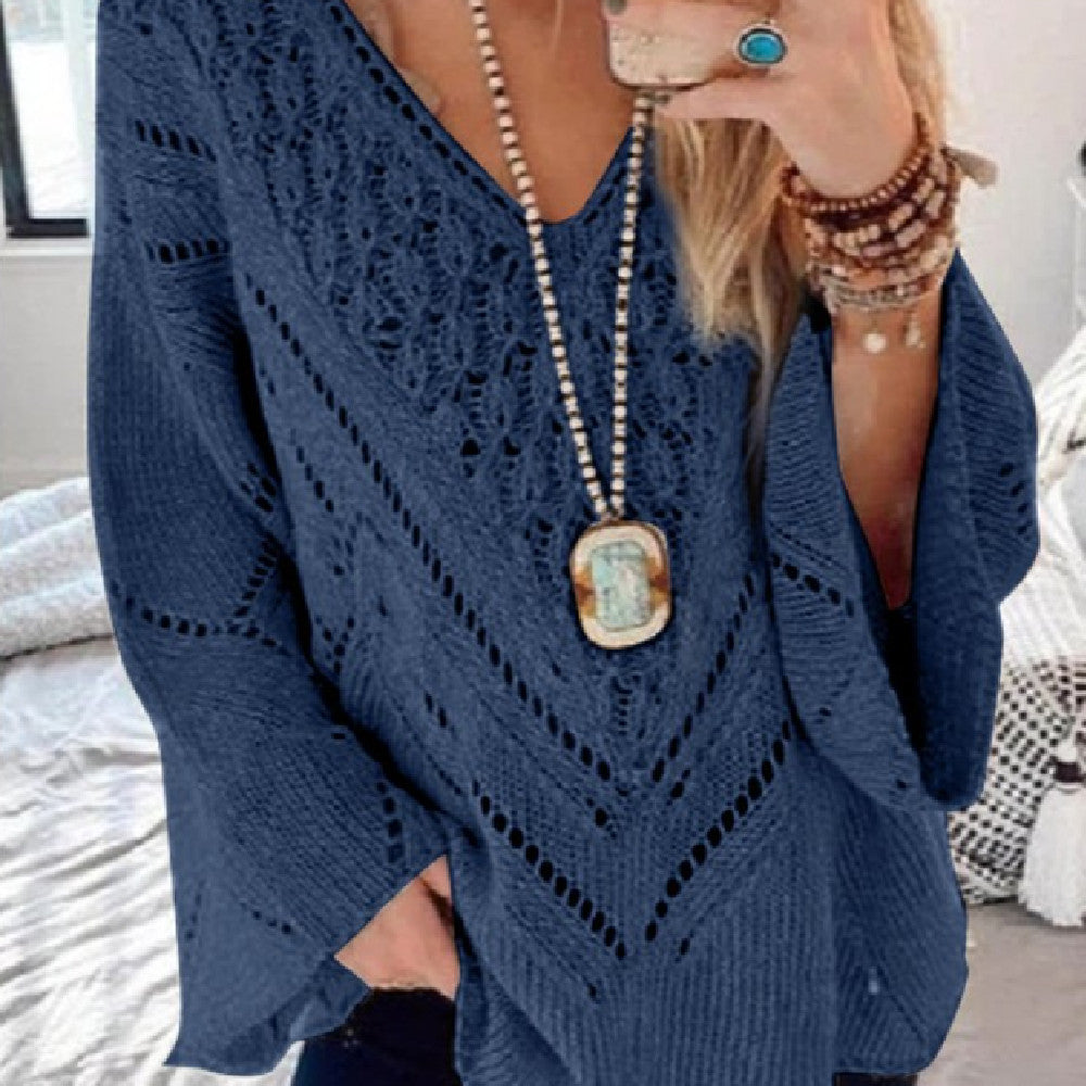 Women's Solid Color Cutout V-Neck Flared Sleeve Knit Sweater
