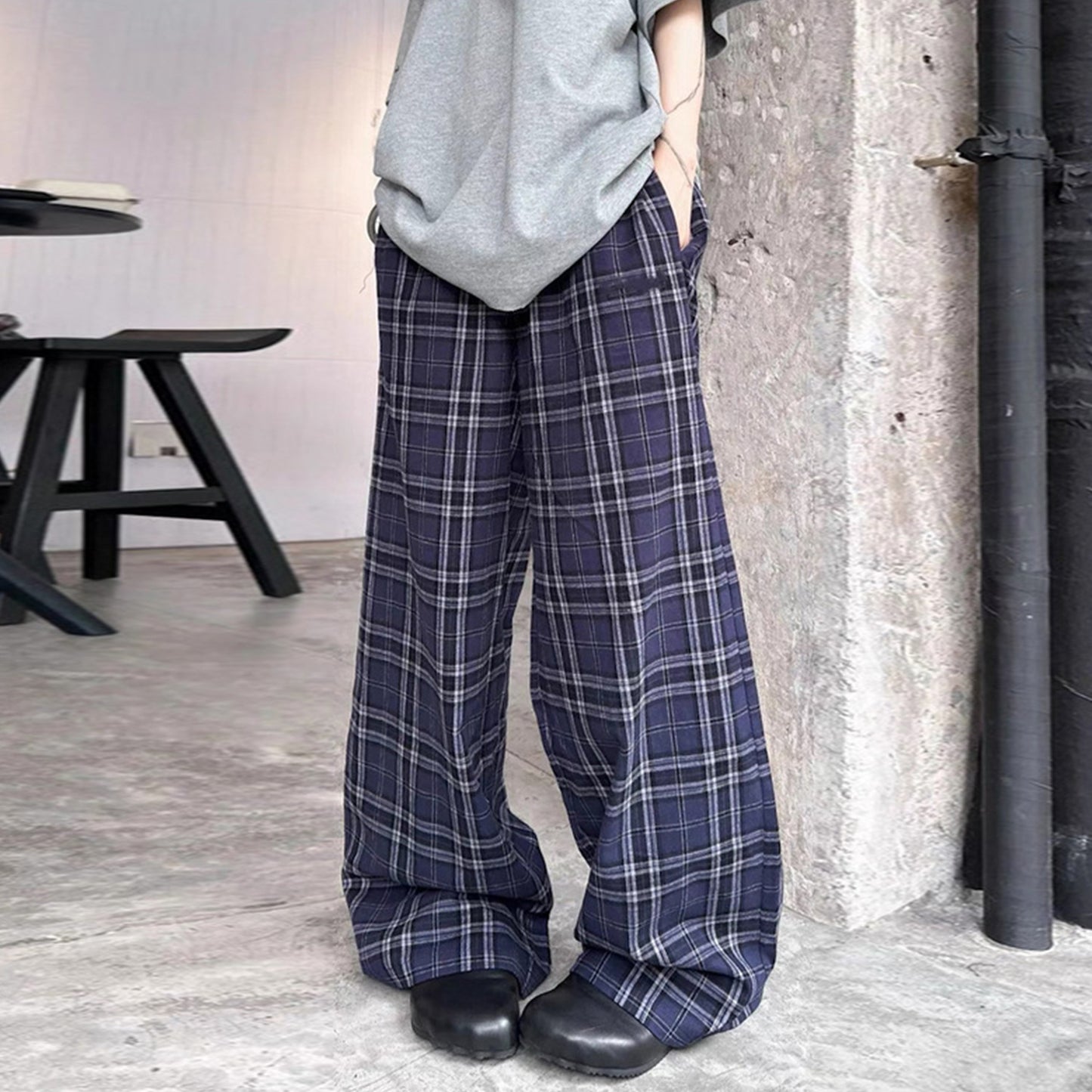 Neutral Straight Plaid Drawstring Casual Pants