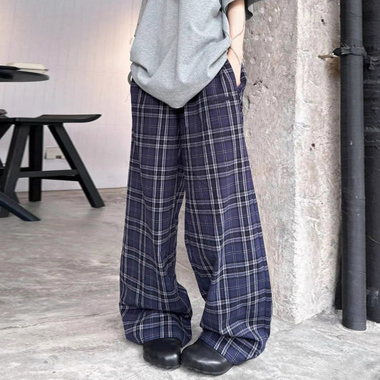 Neutral Straight Plaid Drawstring Casual Pants