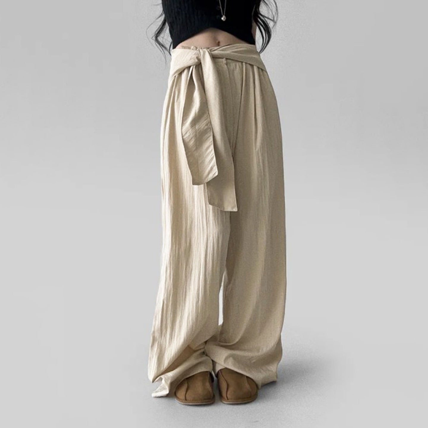 Womens Casual Minimalist High-Waisted Drapey Straight-Leg Pants