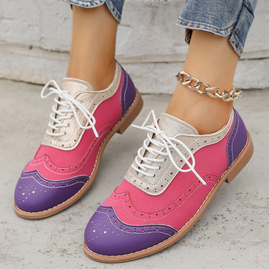Womens Floral Brocade Pumps In Plus Sizes Color-Block Design With Lace-Up Round Toe