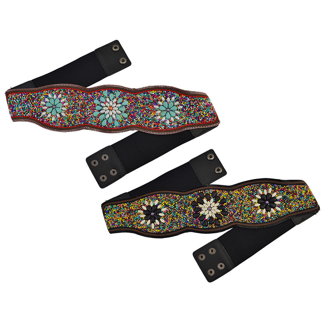 Ethnic Style Retro Waist Belt Turquoise Rice Bead Flower Belt