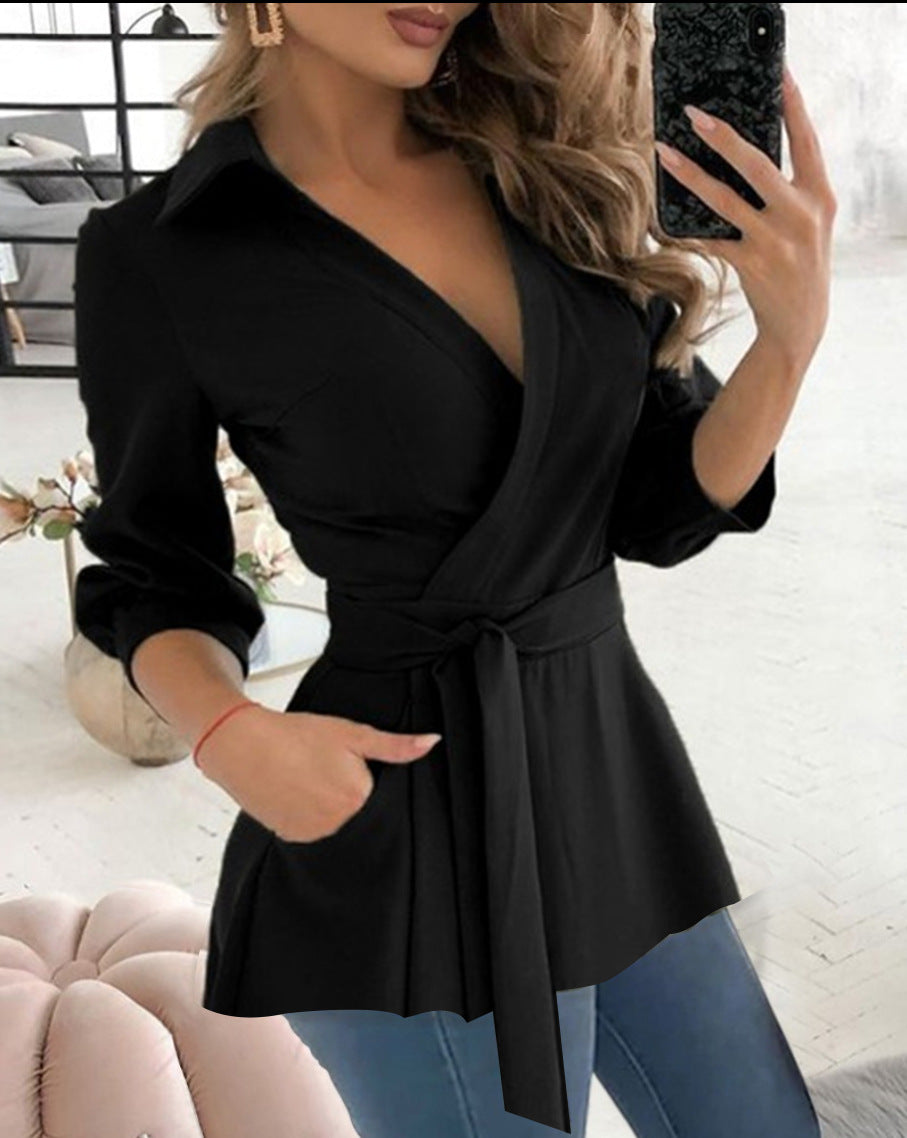 Printed Long Sleeve V-neck Belt Shirt