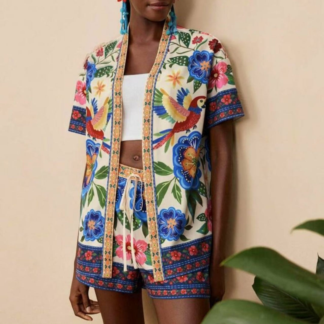 Fashion Casual Printing Cardigan Short Sleeve Shorts Suit