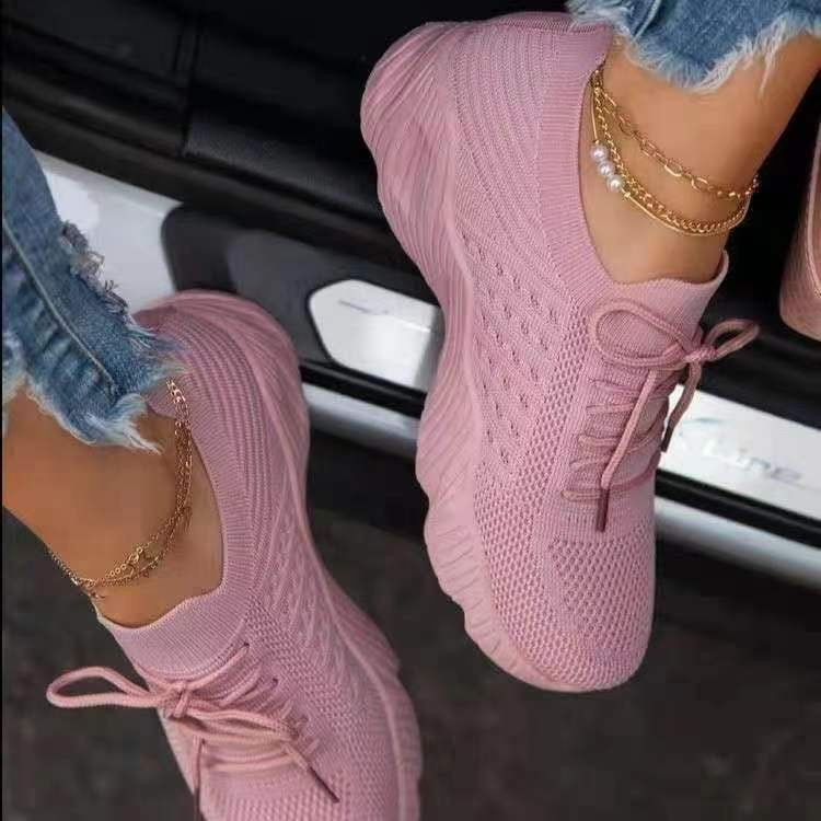 Sporty Women Platform Solid Color Lace-Up Lightweight Fly Woven Casual Shoes
