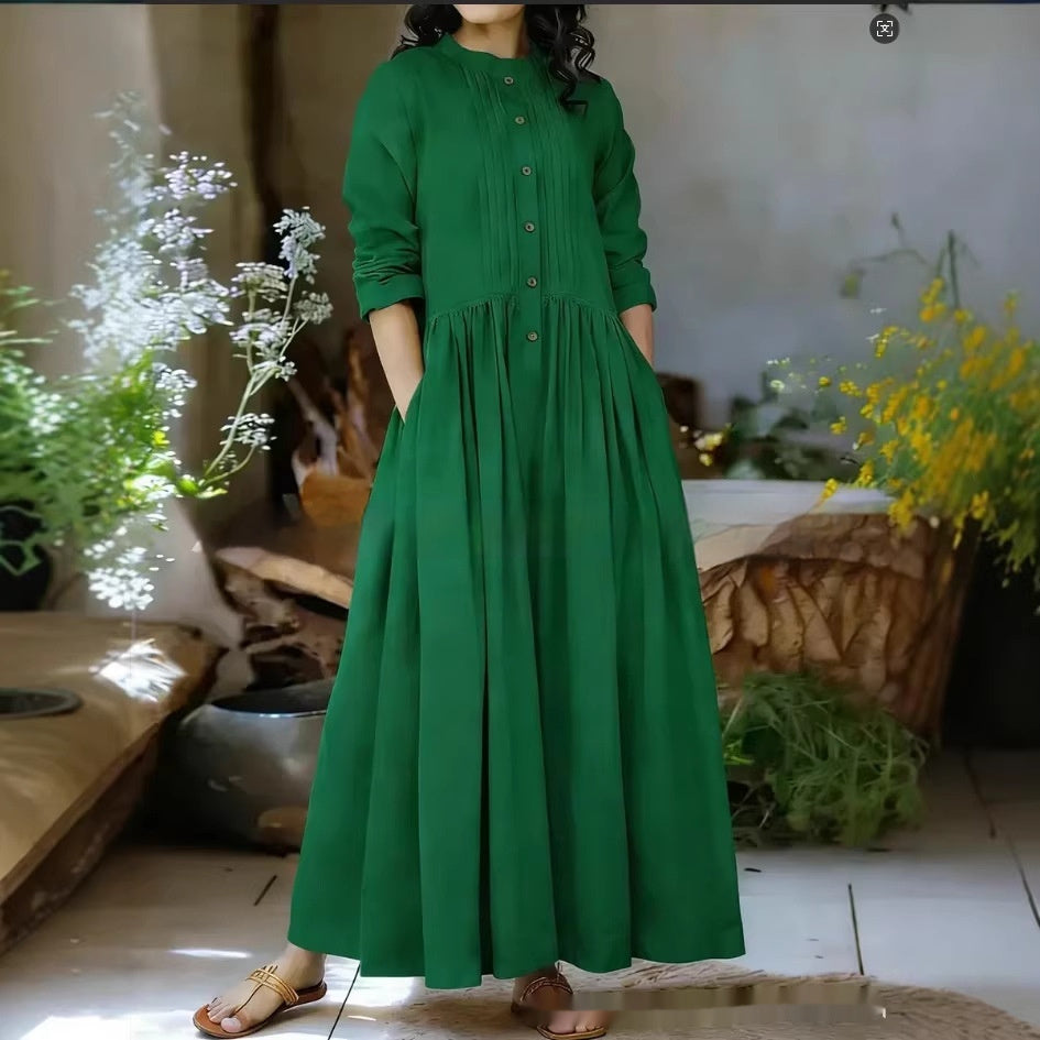Womens Solid-Colored Stand-Up Collar Long-Sleeve Loose A-Line Dress