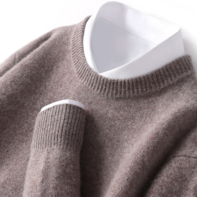 Mænds tykke pullover fåreuldssweater løs rundhals ensfarvet sweater