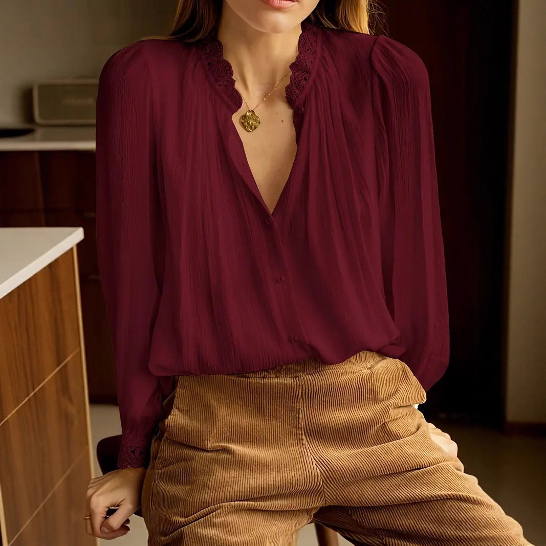 Elegant, Sophisticated Commuter Shirt With Lace-trimmed Patchwork