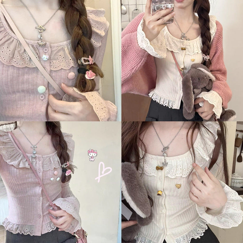 Autumn Outerwear Slim Fit Ruffled Patchwork Knitting Long-sleeved Top