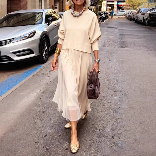 Womens French-Style Retro Elegant Casual Patchwork Solid-Colored Mesh Dress