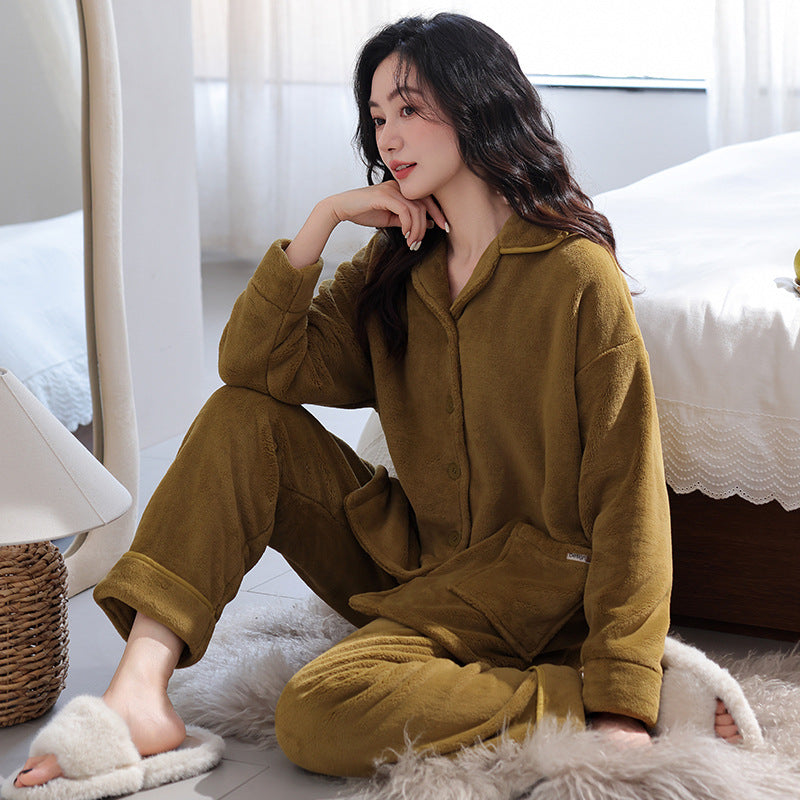 Womens Flannel Pajama Set With Thick Fleece Lining