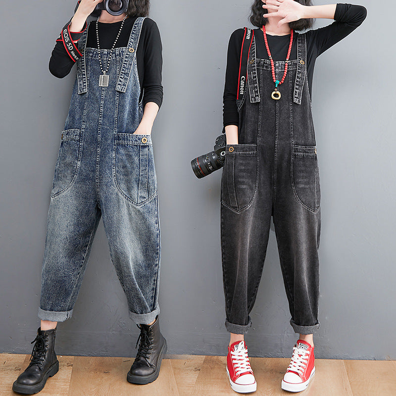 Kvinders litterære og kunstneriske denim-overalls, retro, plus size, løse