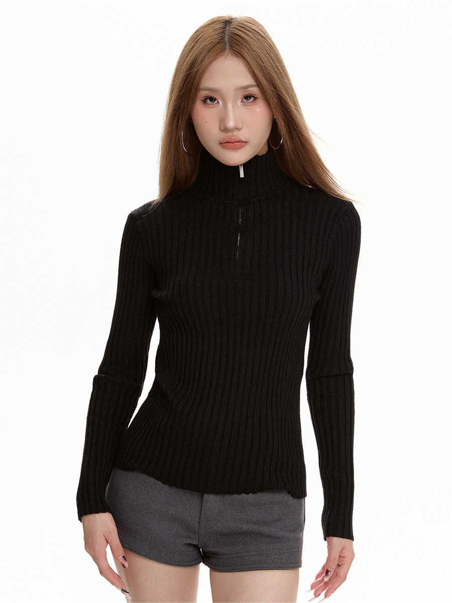 Black Long Sleeve Turtleneck Sweater Zipper Thickening Bottoming Shirt