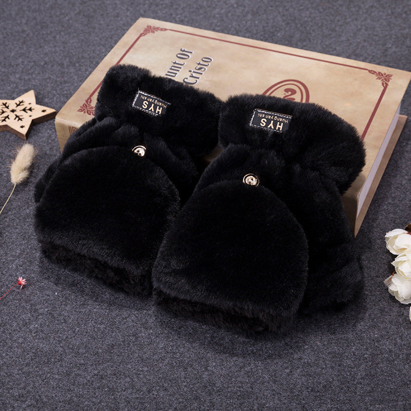 Korean Style Cute Student Couple Flip Pure Color Thickened Warm Plush Keyboard Half Finger Gloves For Men And Women Winter