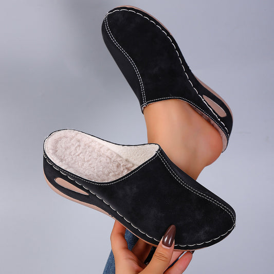 Plus-size Round-toe Fleece-lined Wedge Slippers