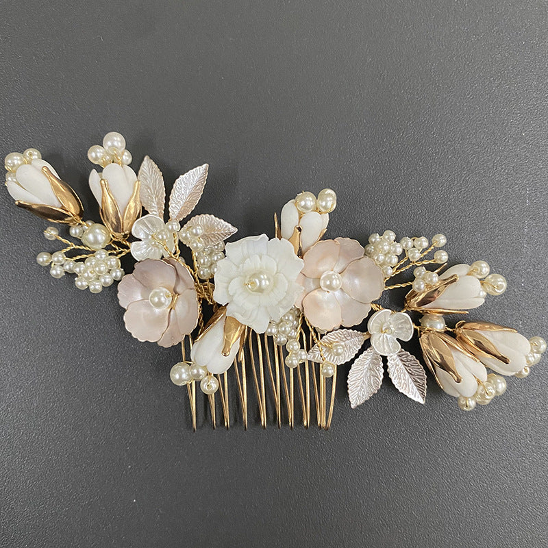 Gold Imitation Pearl Pastoral Ceramic Flower Headwear Hair Comb