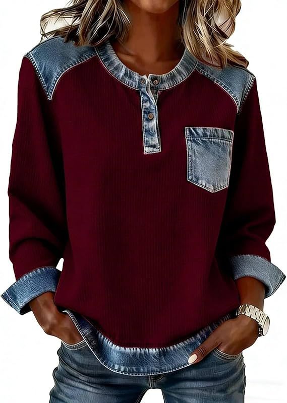 Patchwork Button Pocket Long Sleeved Round Neck Top