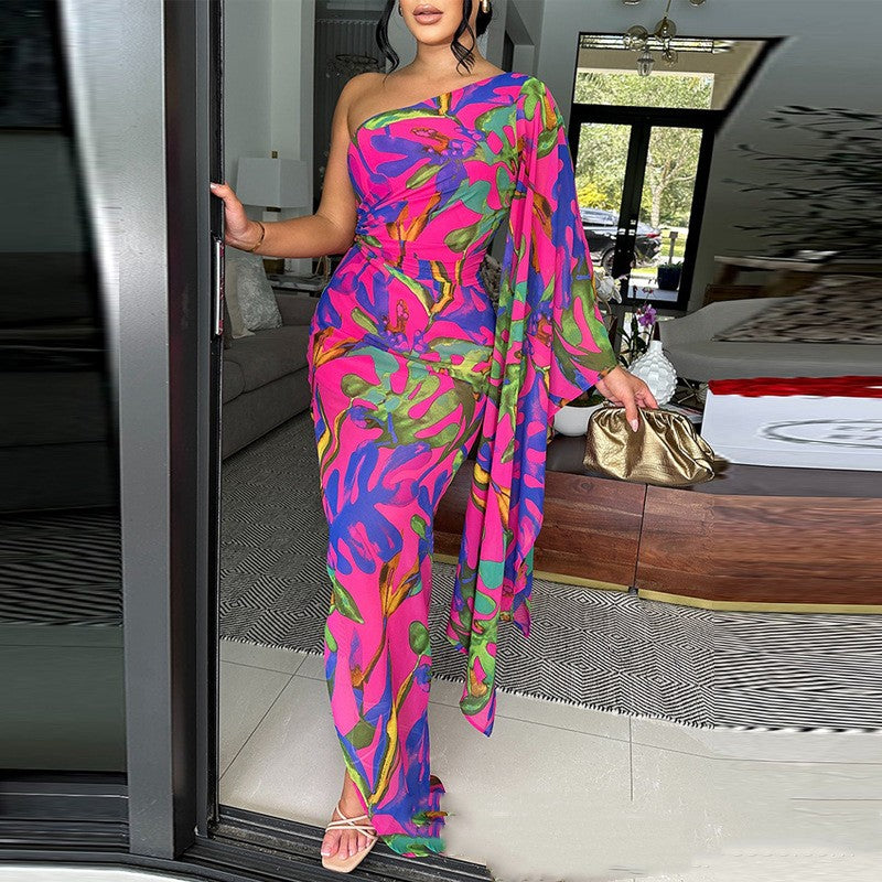 Womens Off-shoulder Printed Slim-fit Dress
