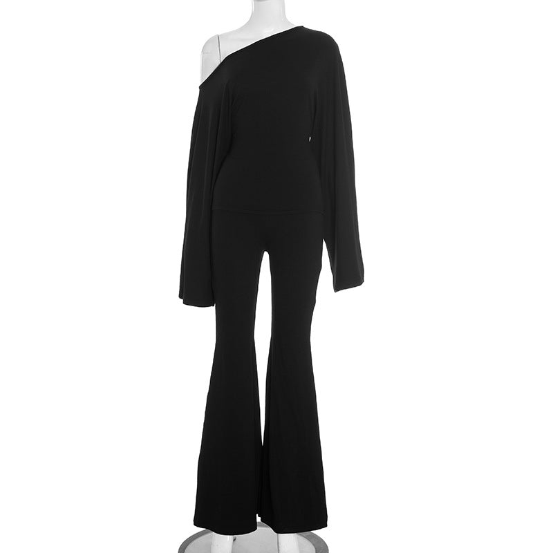 Solid-color Casual Set With Long-sleeve Flared Pants