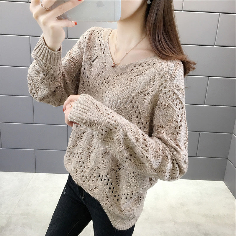 V-neck Loose Hollow-out Pullover Knitwear Batwing Sleeve Thin Sweater