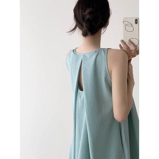 Sleeveless Tank Dress Womens Niche Design Loose All-Match Lightening Cotton-Linen Maxi Dress