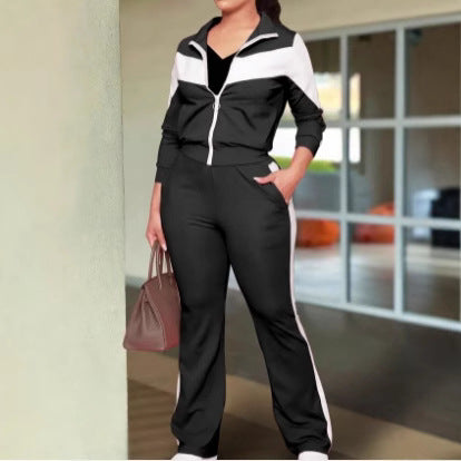Fashionable And Comfortable Color-block Sporty Zip-up Jacket And Casual Pants Two-piece Set