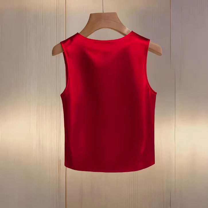 Dame Ensfarvet Rundhals Perleudsmykket Tanktop T-shirt