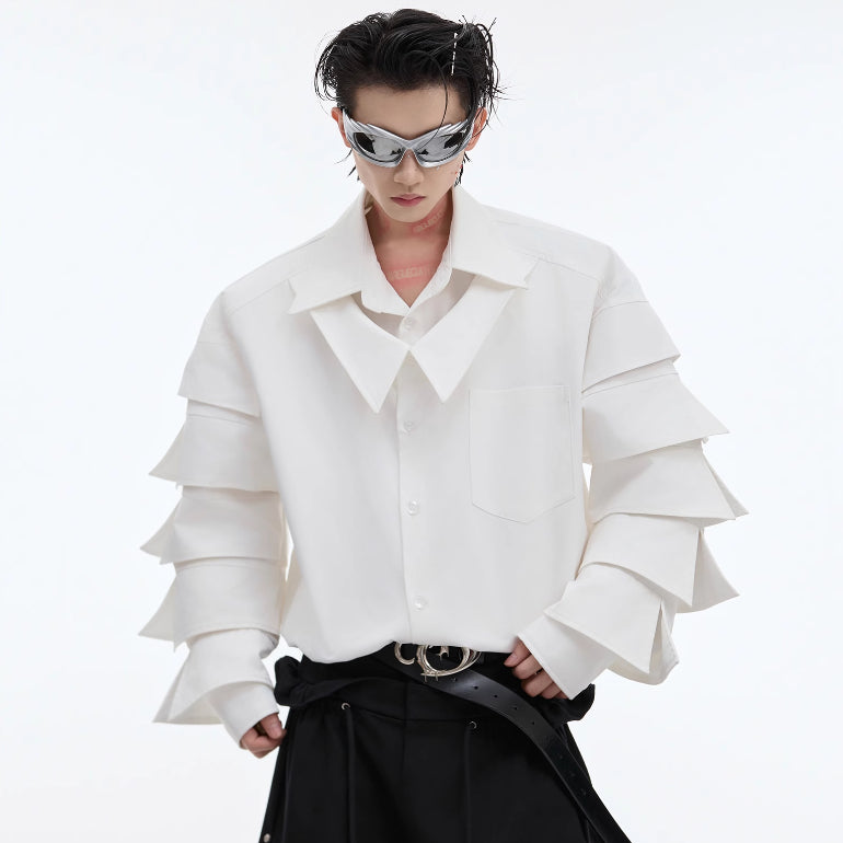 Split Padded Shoulder Fake Two Pieces Shirts Pleated Design Three-dimensional