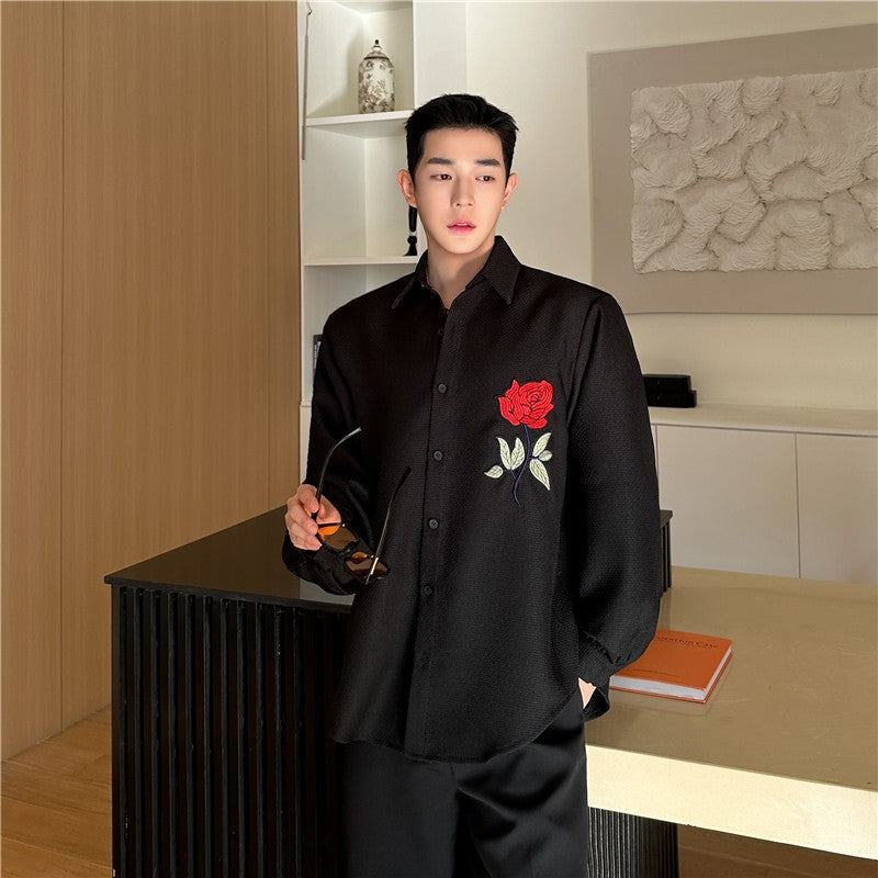 Heavy Weight Mens Shirt With An Embroidered Rose Pattern And A Textured Jacquard Weave