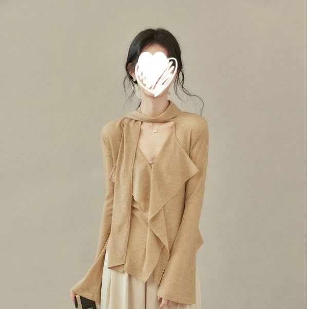 Design Sense Ribbon V-neck T-shirt Long-sleeved Top