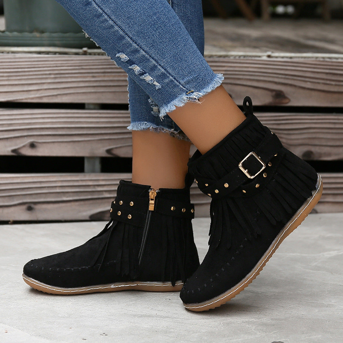 Rivet Flat Tassel Autumn And Winter Short Round Toe Suede Martin Boots