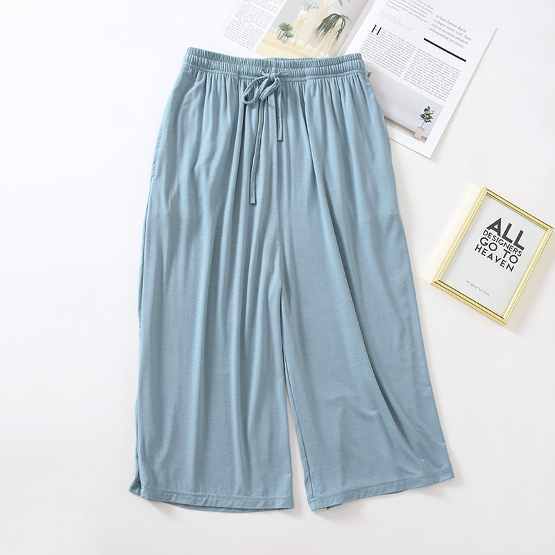 Three Quarter Solid Wide Leg Household Pants