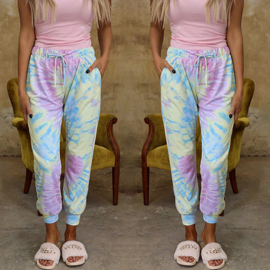 Tie-Dye Printed Loose Mid-Waist Lace-Up Slacks