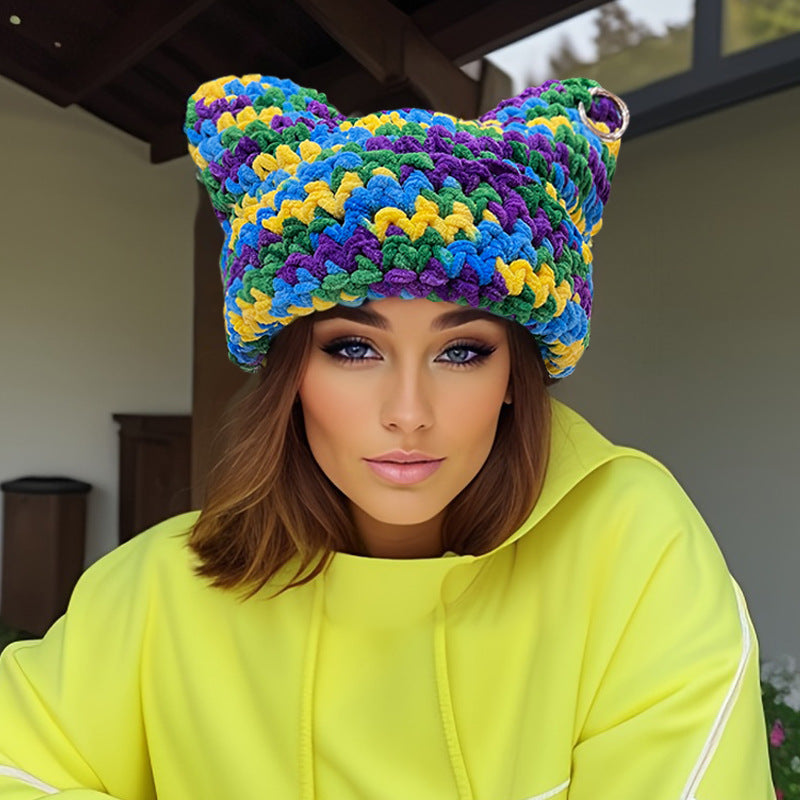 Women's Thick Thread Handmade Textile Needle Devil Horn Woolen Cap