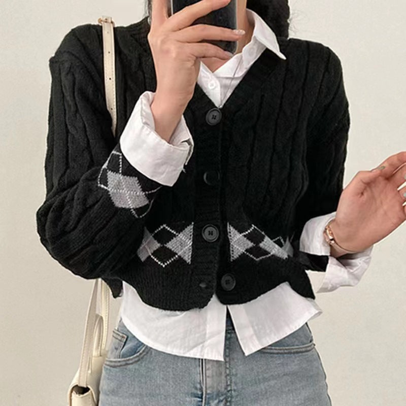 Plaid Hemp Pattern V-neck Single Breasted Cardigan Top