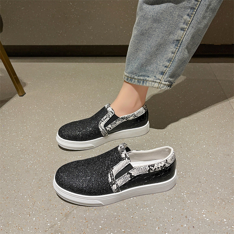 Flat Bottom Snake Pattern Pumps Female Sequins Round Toe Board Shoes