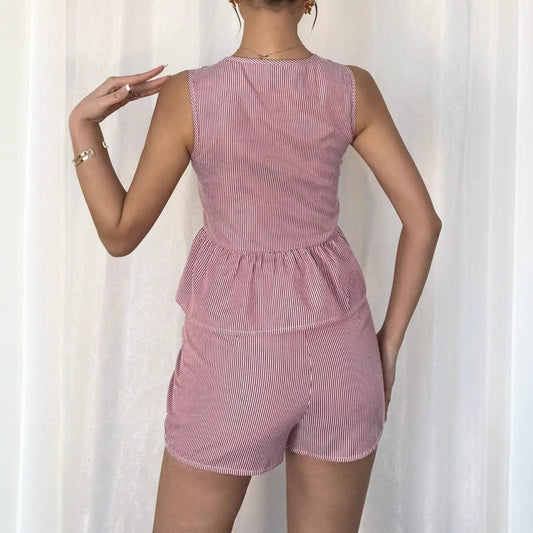 Womens Fashion Striped Short-Sleeve Bow-Knot Shorts Set