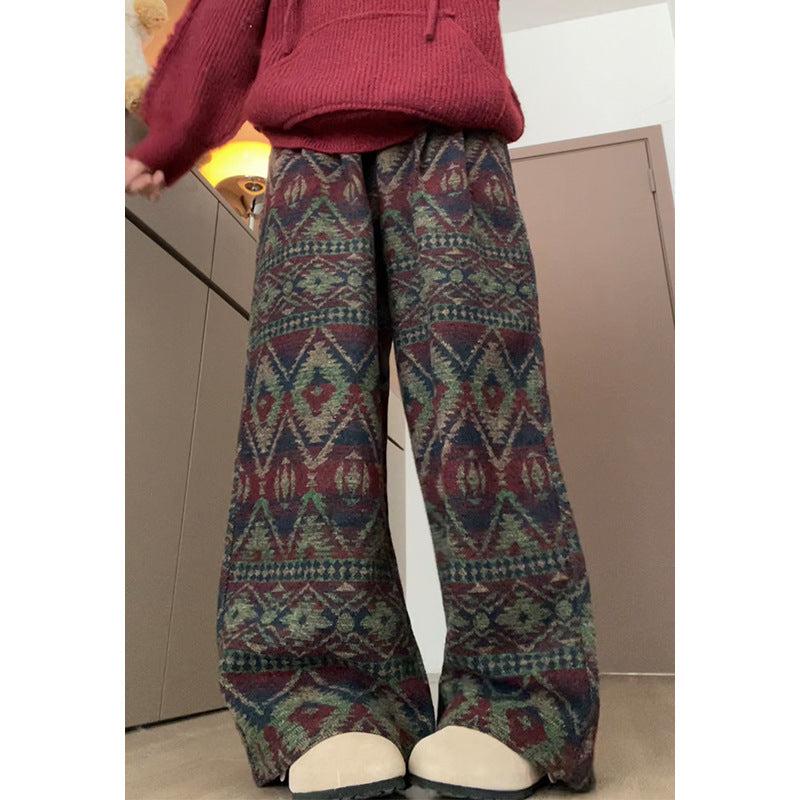 Knitted Ethnic Jacquard Wide Leg Loose Casual Long Pants