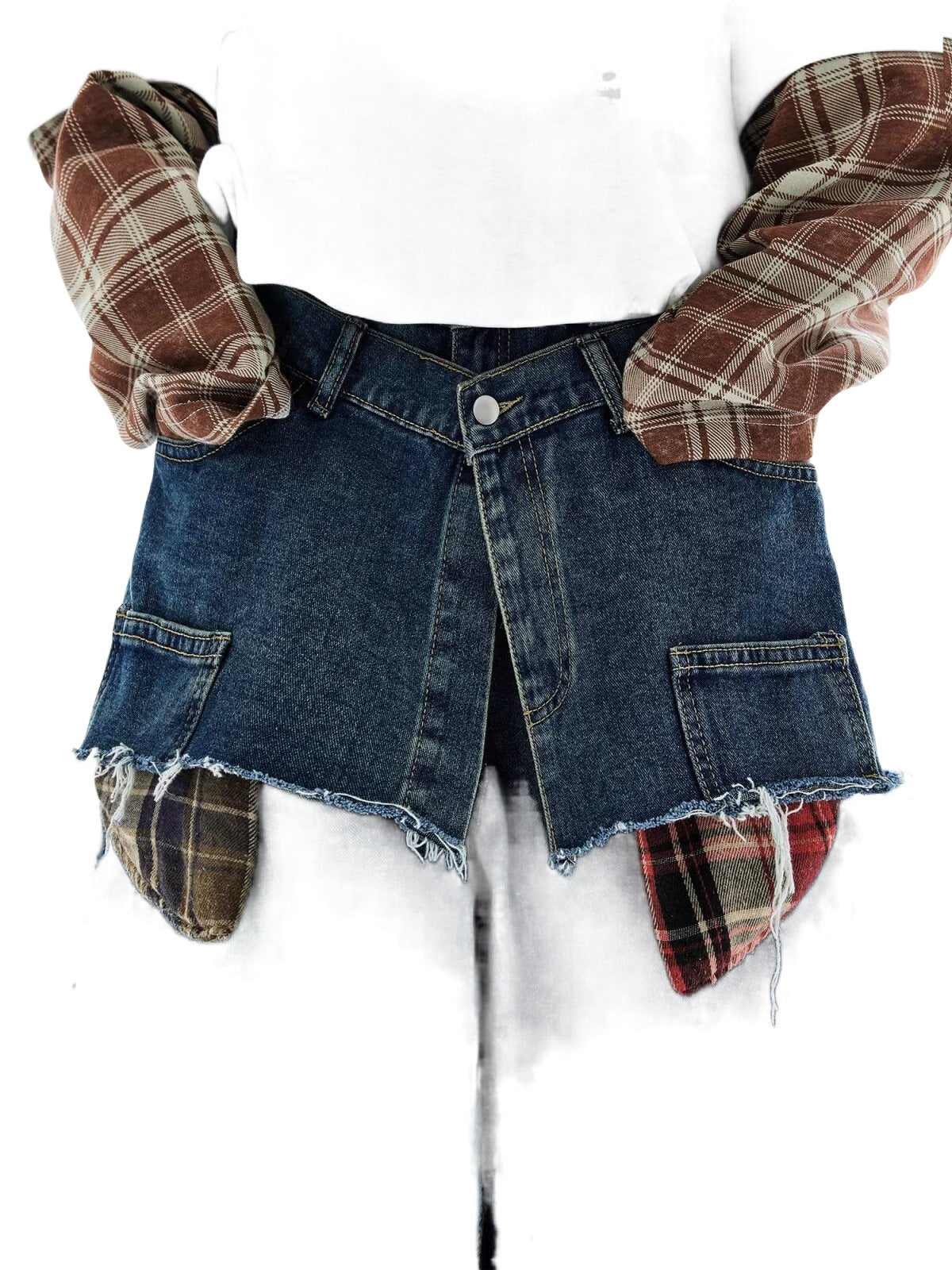 American-style Retro Faux Two-piece Plaid Patchwork Jeans