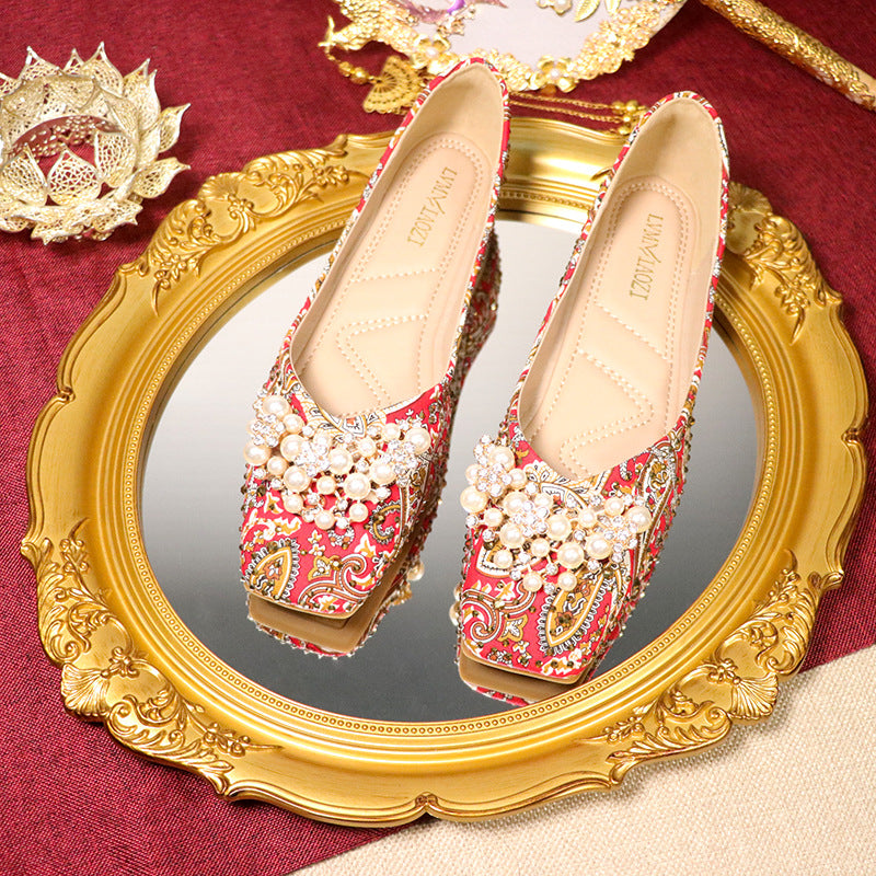 Women's Square Toe Light Lipstick Red Wedding Shoes