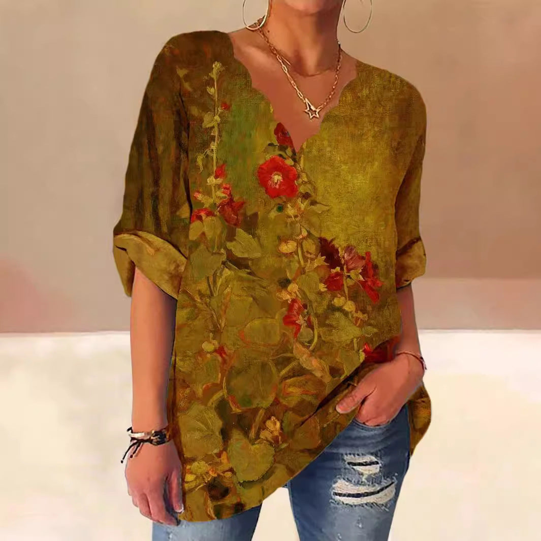European And American Autumn Fluted Collar Cotton And Linen Retro Printed Shirt Women