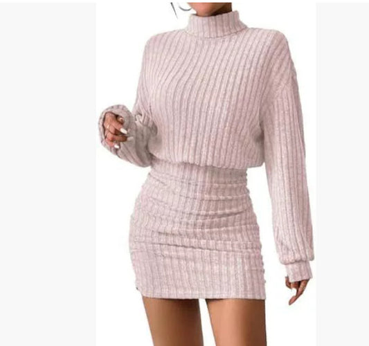 Hug-hem Long-sleeve Turtleneck Skirt Rib-knit Dress