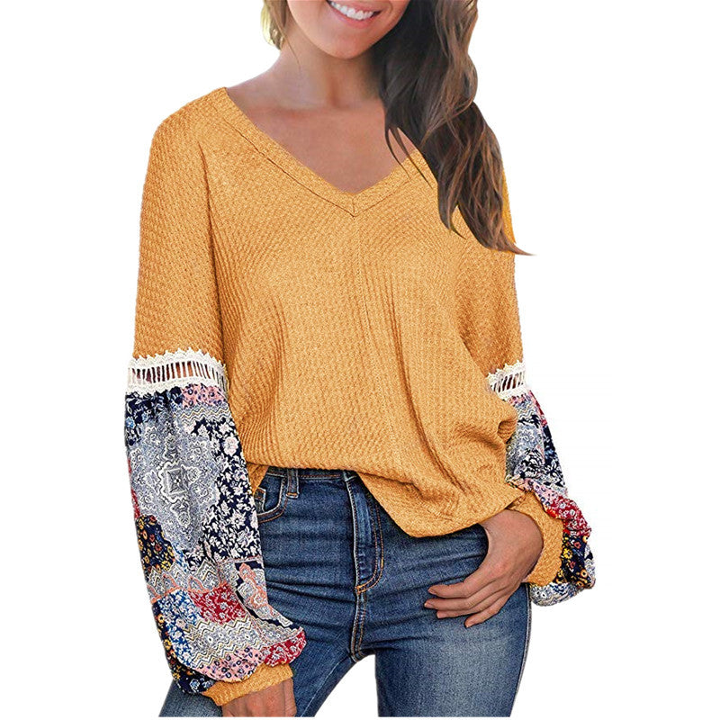 New European And American Autumn And Winter V-neck Waffle Loose Printed Long-sleeved T-shirt