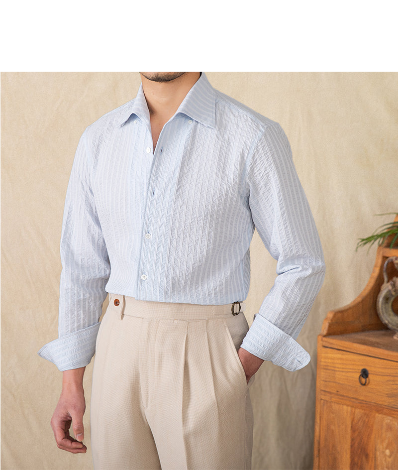 Cotton Seersucker Thin Long-sleeved Shirt One Collar Casual Shirt